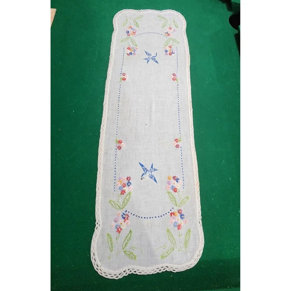 Antique Hand Embroidered Table Runner Bluebird Floral Crochet Lace Trim 36x11